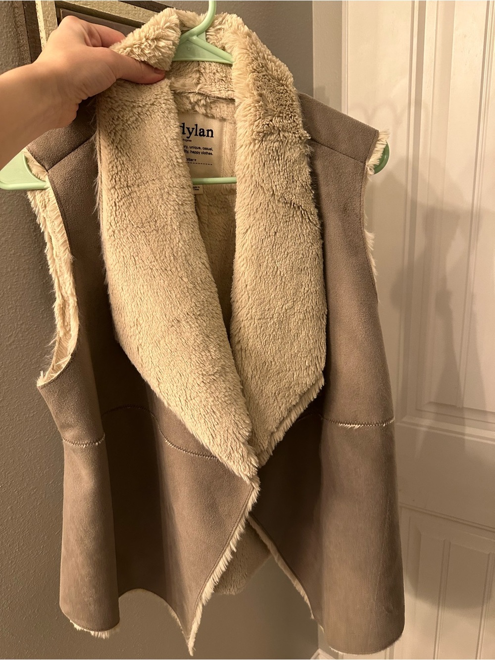 dylan Taupe Faux-Suede Vest with Cream Sherpa Lining